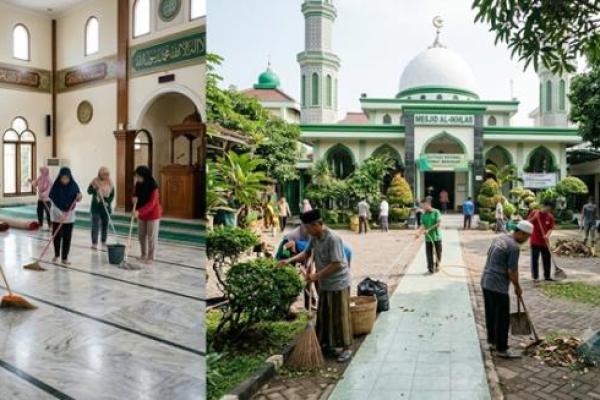 Gotong Royong Jemaah Masjid Jaga Kebersihan Lingkungan
